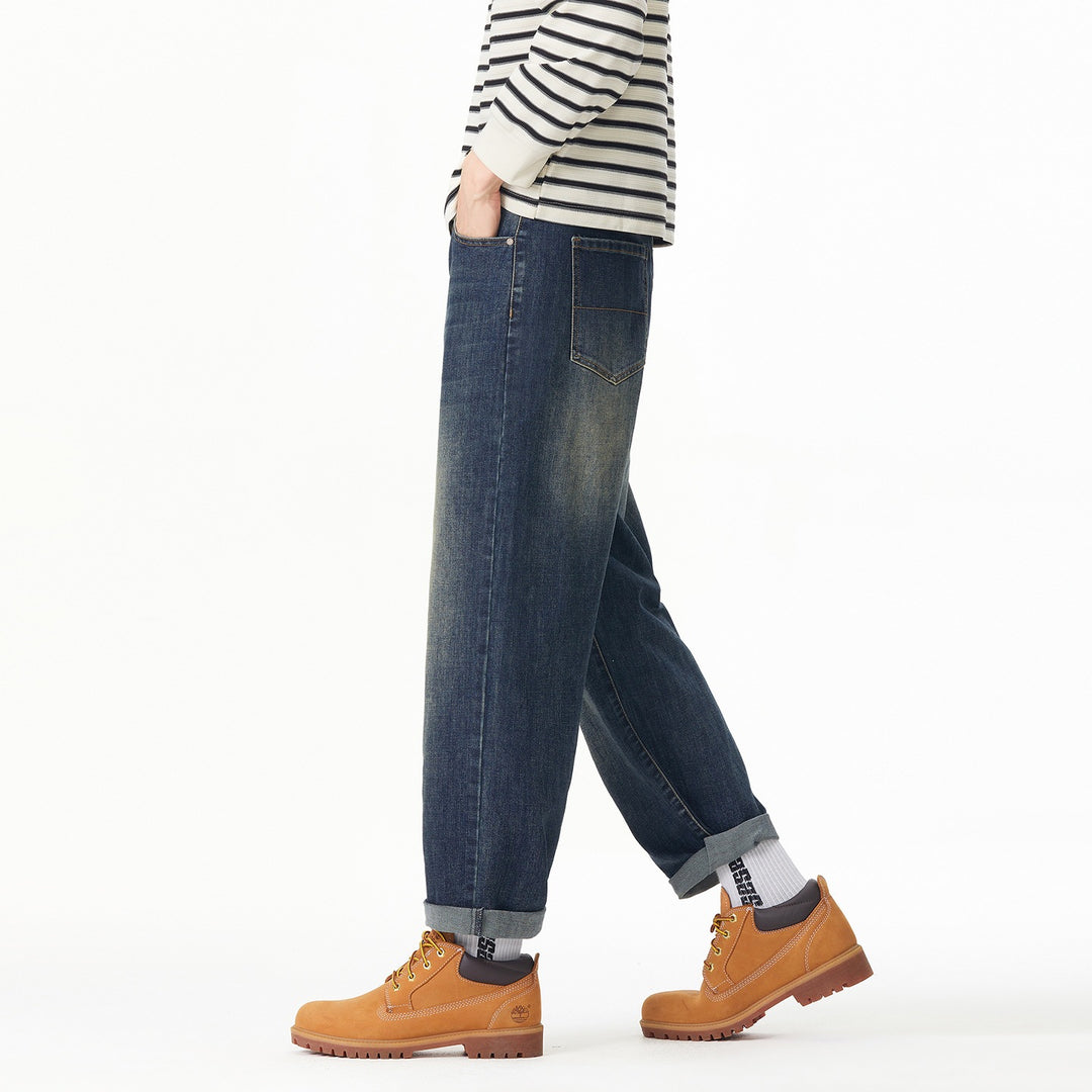 Herren Weite gerade geschnittene Denim-Jeans mit Used‑Wash und Umschlagbund Echoarchiv