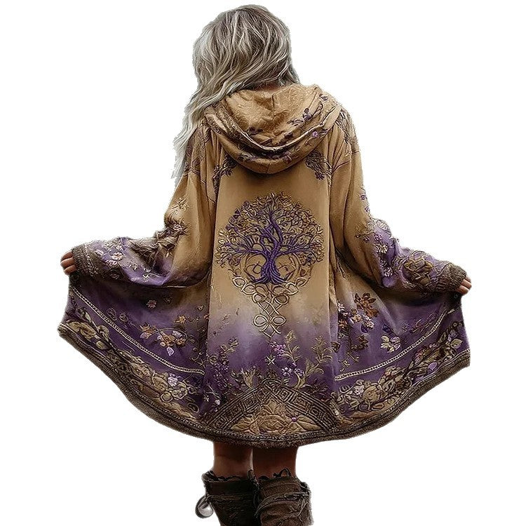 Damen Boho Kapuzenmantel im Schwung-Schnitt mit Baum-Motiv und Farbverlauf – Montévia