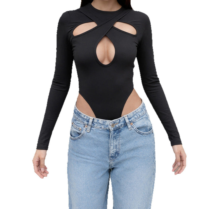 Damen Langarm Bodysuit mit raffiniertem Kreuz-Design und Hochbund Echo Archiv