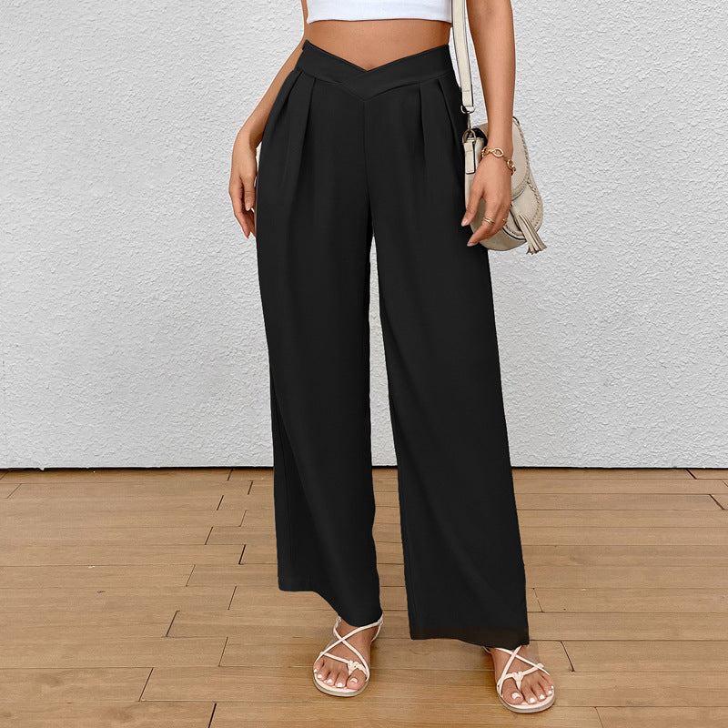 Damen Weite Palazzo‑Hose mit V‑Bund und Vorderfalten – Avérine