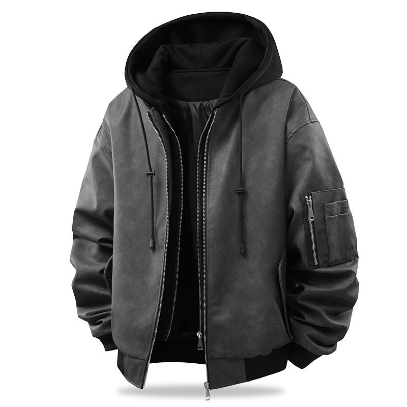 Herren Oversized Kunstleder-Bomberjacke mit Kapuze, Ärmeltasche und Reißverschluss Echo Archiv