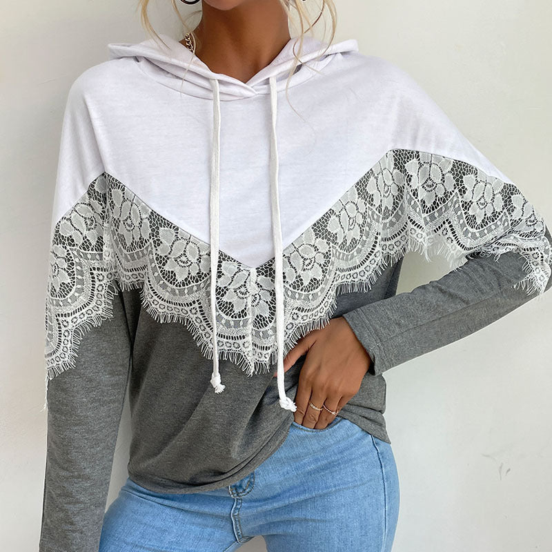 Damen Kapuzenpullover mit Spitzenbesatz und V‑Einsatz Echoarchiv