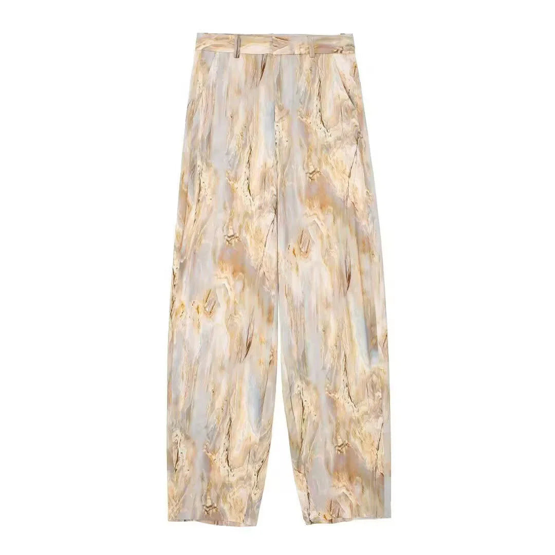 Damen weite Palazzo-Hose mit hohem Bund und marmoriertem Druck – Avélisse