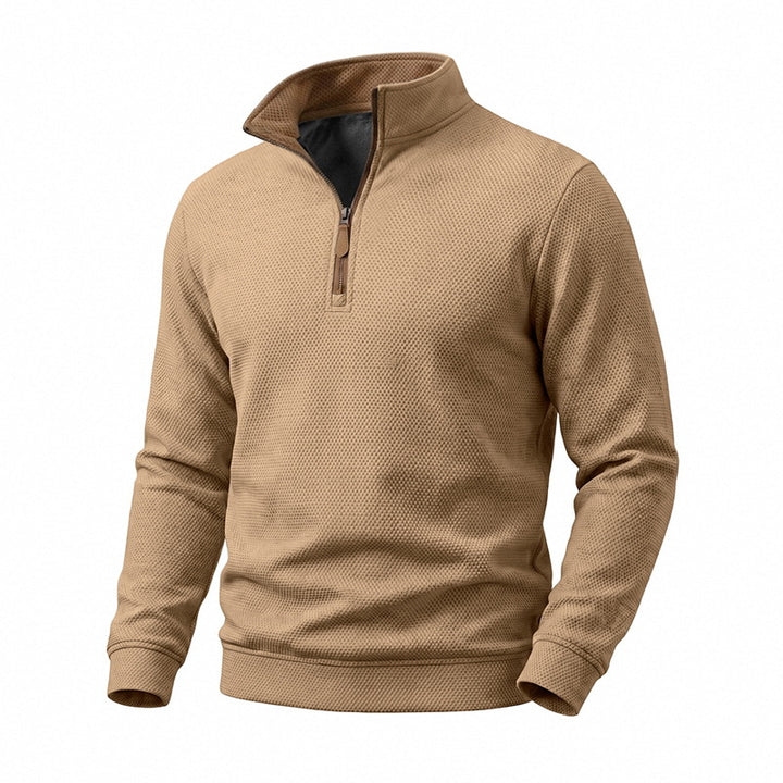 Herren Waffelstruktur-Halbzip-Sweatshirt mit Stehkragen, Kontrastfutter und Lederzipper Echoarchiv