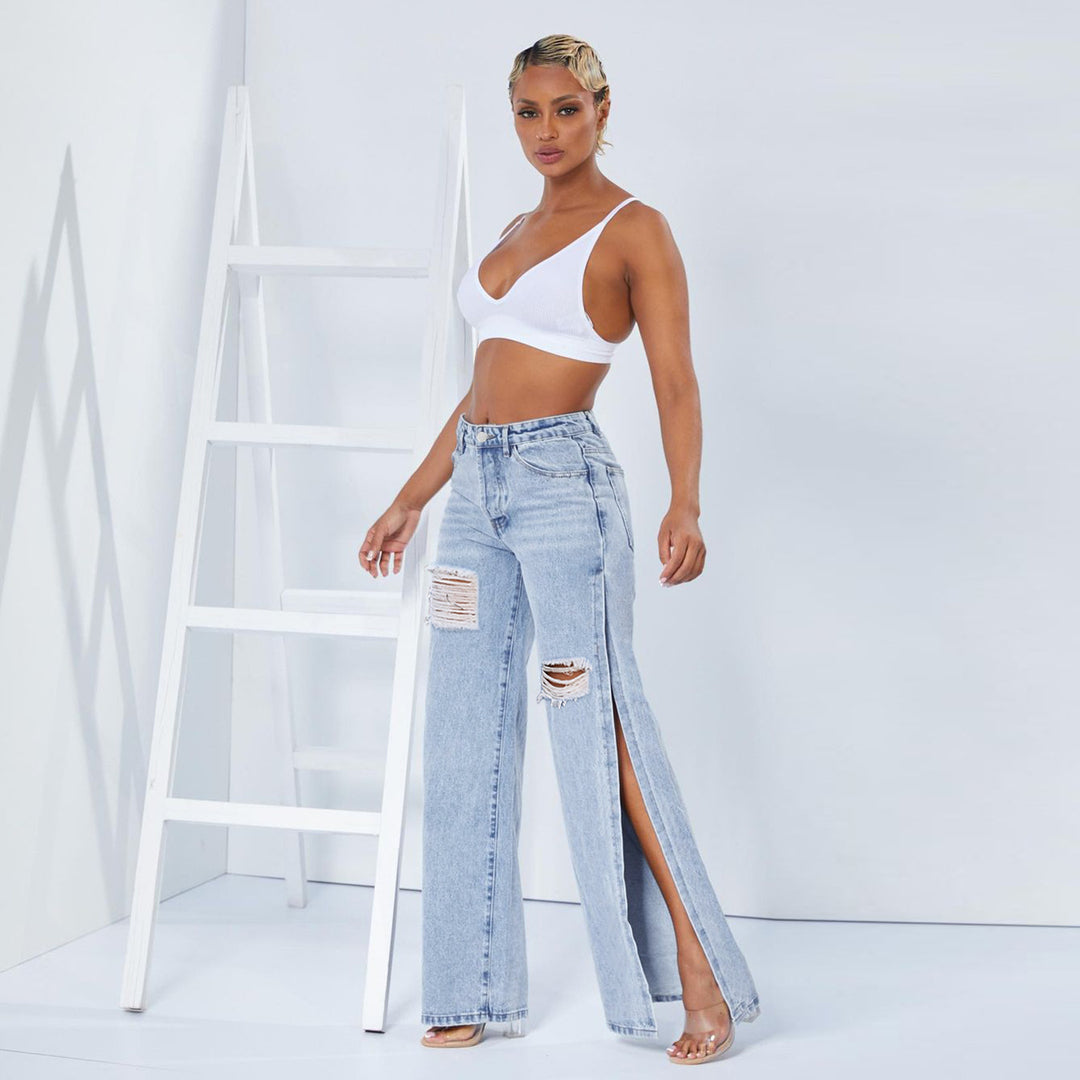 Damen weite High-Waist-Jeans mit seitlichen Beinschlitzen, Destroyed-Knie und formendem Bund Echo Archiv