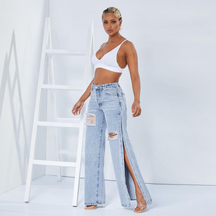 Damen weite High-Waist-Jeans mit seitlichen Beinschlitzen, Destroyed-Knie und formendem Bund Echo Archiv