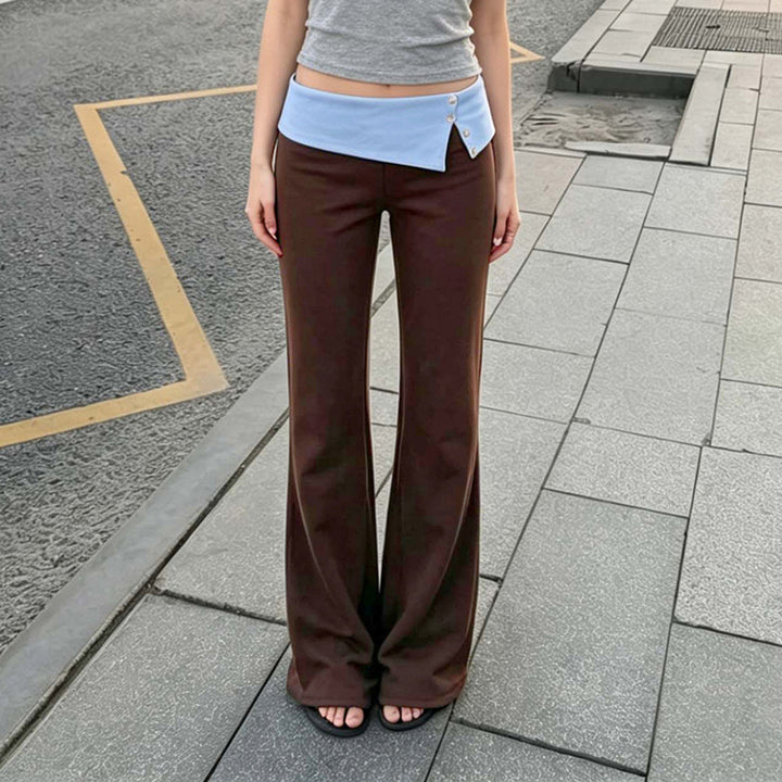 Damen Jersey‑Schlaghose mit asymmetrischem Umschlagbund und Zierknöpfen – Avélisse