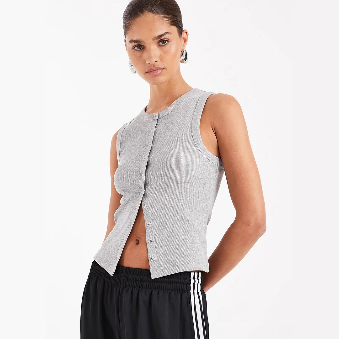 Damen Ärmelloses Rippenshirt mit durchgehender Knopfleiste Echo Archiv