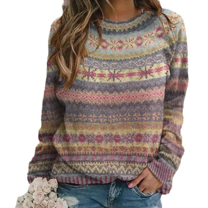 Damen gemusterter Strickpullover mit Rundhalsausschnitt, Fair Isle Muster und lässigem Oversized-Schnitt Echoarchiv
