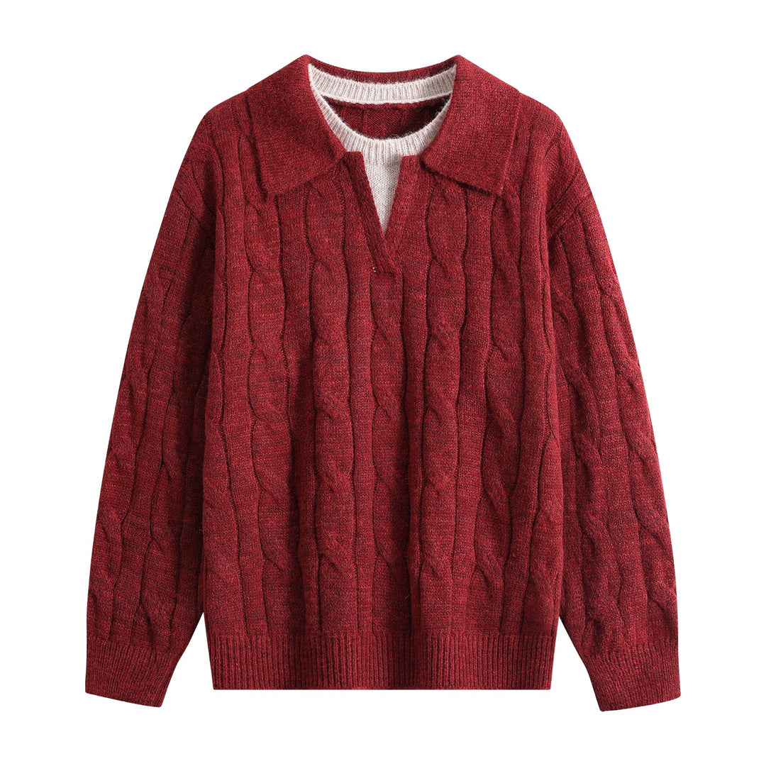 Damen Oversize Grobstrick-Pullover mit Polokragen und Zopfmuster Echoarchiv