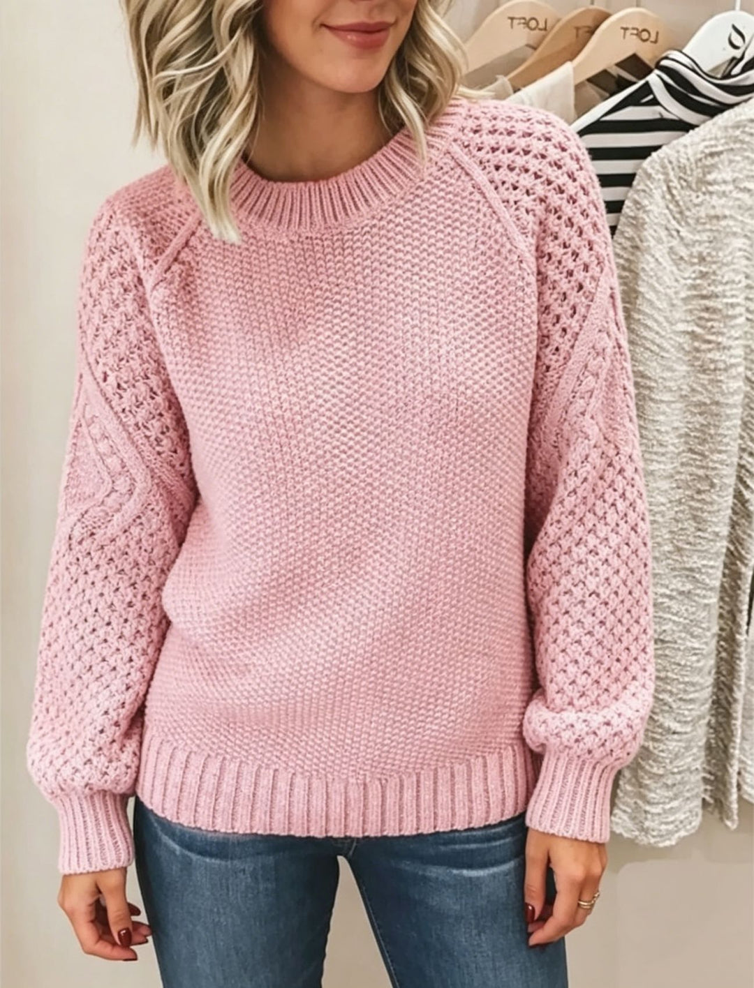 Damen Grobgestrickter Rundhals-Pullover mit Ajour- und Zopfmusterärmeln – Mavelle
