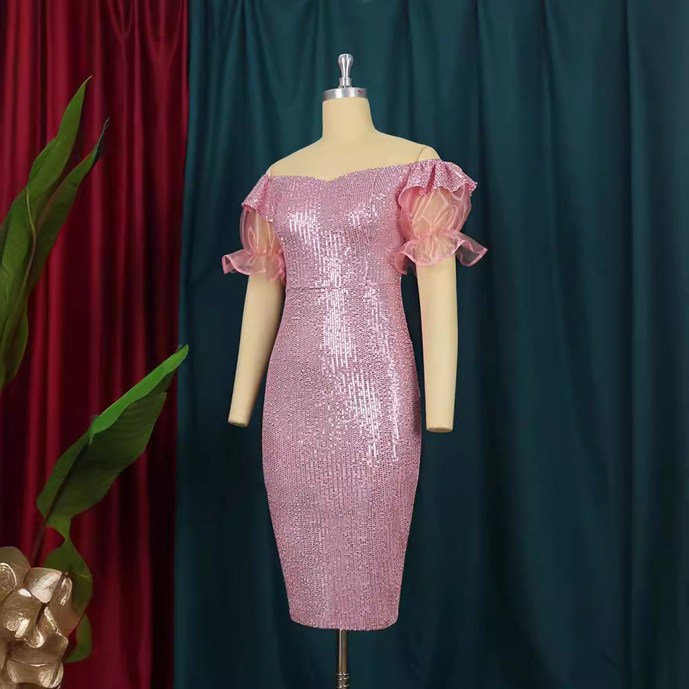 Damen Glitzerndes Cocktailkleid mit schulterfreiem Design und voluminösen Puffärmeln Echo Archiv