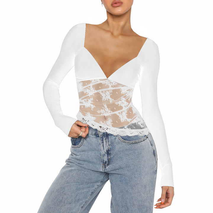 Damen Spitzenbluse mit tiefem V-Ausschnitt und langärmligem Design Echo Archiv