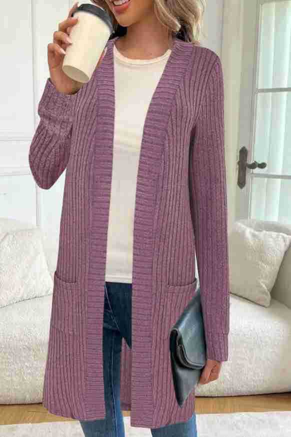 Damen Longline Rippstrick Cardigan mit Taschen Echoarchiv