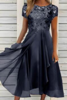 Damen nan elegantes Chiffon-Midikleid mit floraler Spitzenapplikation und fließendem Tellerrock Echoarchiv