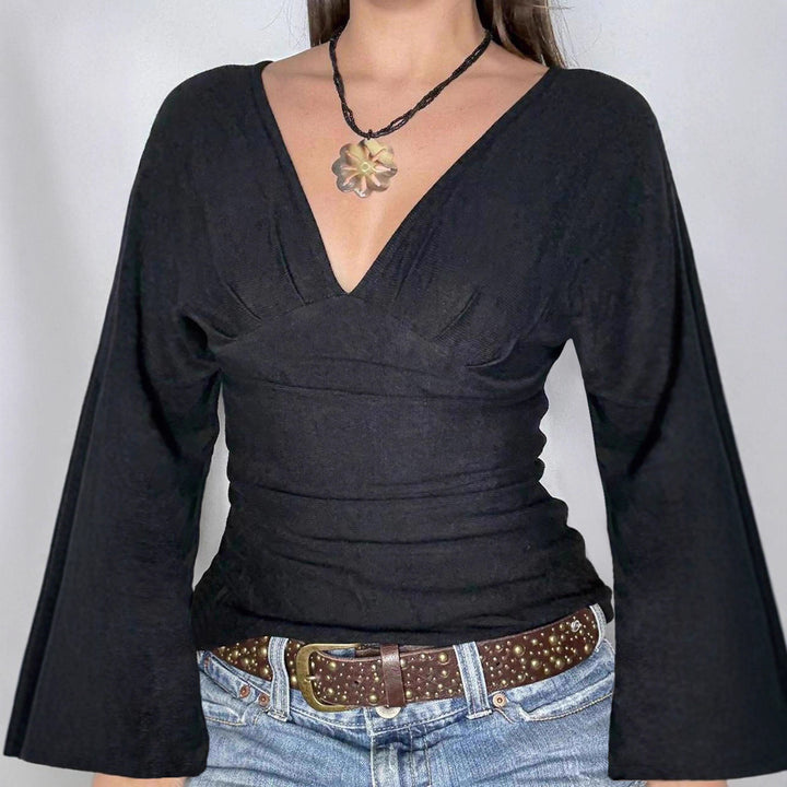 Damen nan figurbetontes Langarm-Top mit tiefem V-Ausschnitt, Nackenband zum Binden und taillierter Silhouette Echo Archiv