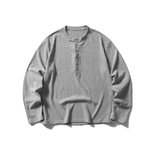 Unisex Gerippter Henley-Pullover mit Rundhals und durchgehender Knopfleiste Echoarchiv