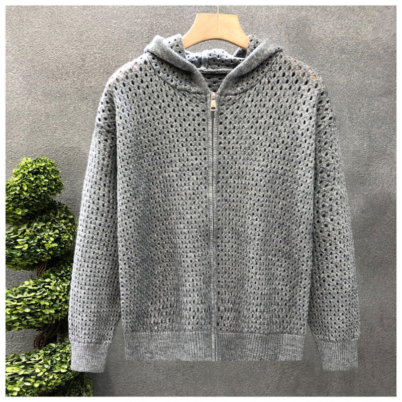 Unisex Leichte Lochstrick-Kapuzenzipjacke mit Ajourmuster Echoarchiv