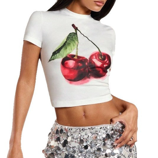 Damen Crop-T-Shirt mit fruchtigem Kirschmotiv und figurbetontem Schnitt Echo Archiv
