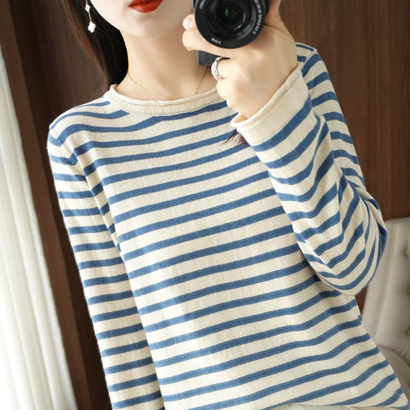 Damen Maritim inspirierter Baumwoll-Feinstrickpullover mit Streifen und leicht kastiger Silhouette Echoarchiv