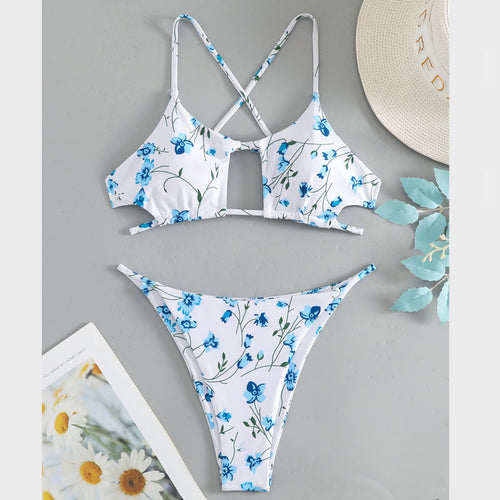 Damen Triangel-Bikini mit versetzten Trägern und floralem Muster Echo Archiv