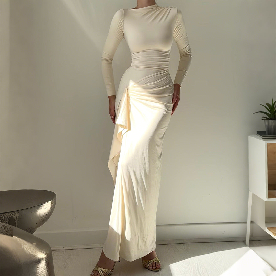 Damen nan gerafftes Maxikleid mit langen Ärmeln, taillierender Stretch-Passform und seitlichem Volant-Detail Echo Archiv