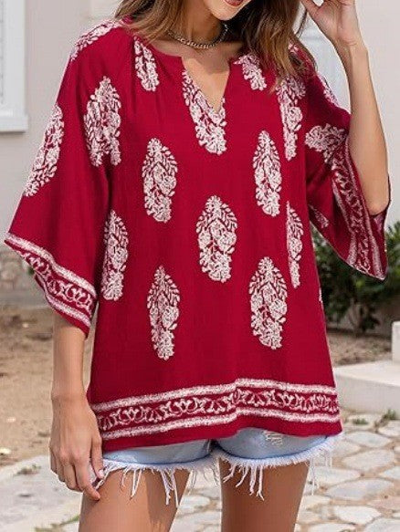 Damen Lockeres Strand-Tunika-Oberteil mit V‑Ausschnitt und Boho‑Print – Orélia
