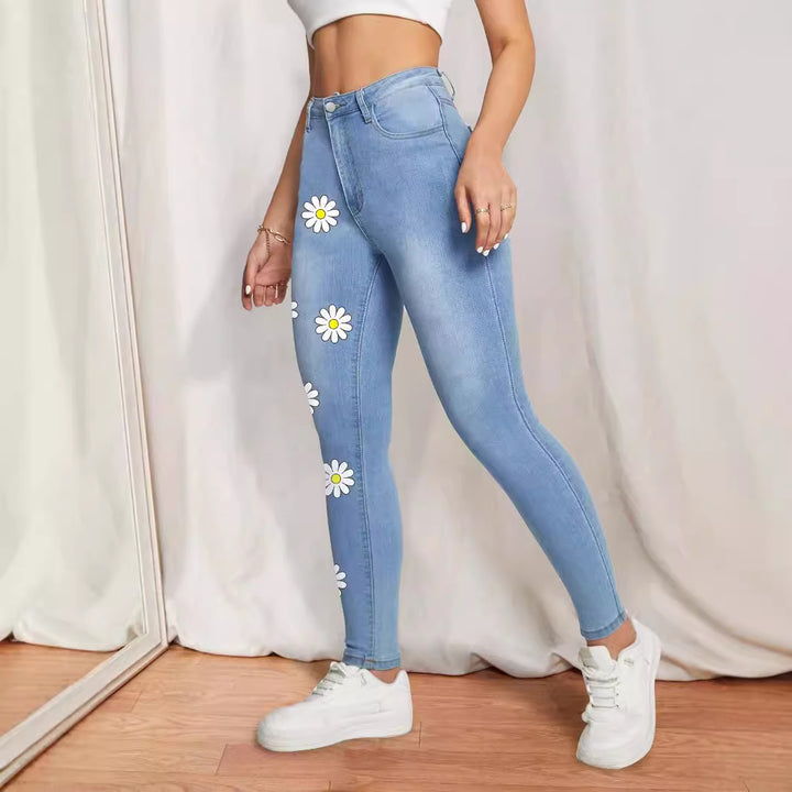 Damen High-Waist Skinny-Jeans mit aufgedruckten Margeriten und figurformendem Stretch Echo Archiv