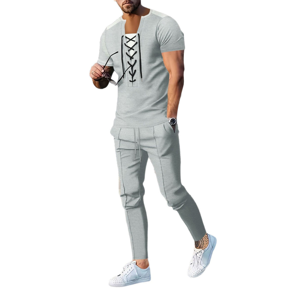 Herren Freizeit T-Shirt mit Schnürung – Marzano