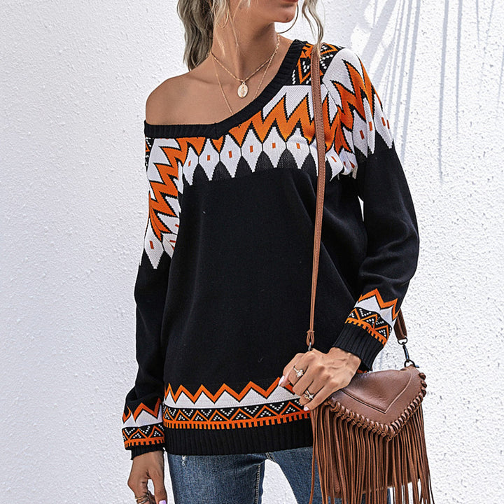 Damen Oversize Strickpullover mit geometrischem Aztekenmuster und asymmetrischem schulterfreiem Ausschnitt Echoarchiv