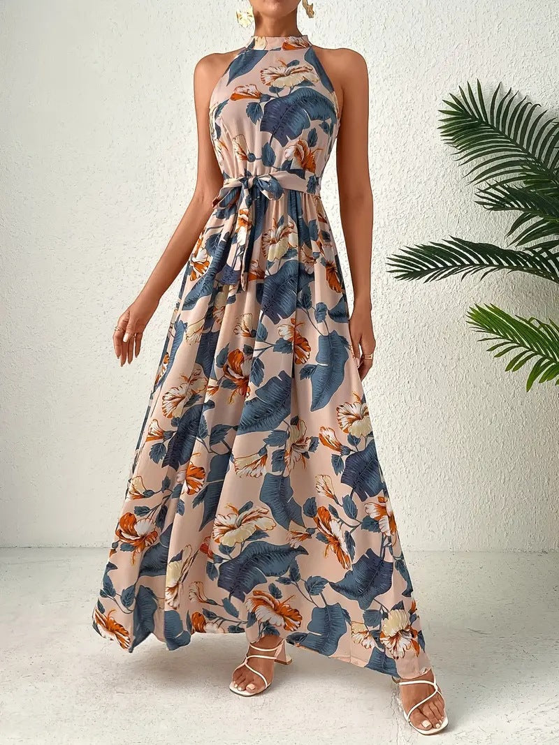 Damen Maxikleid Im Boho-Stil mit Hohem Kragen und Bindegürtel Echoarchiv