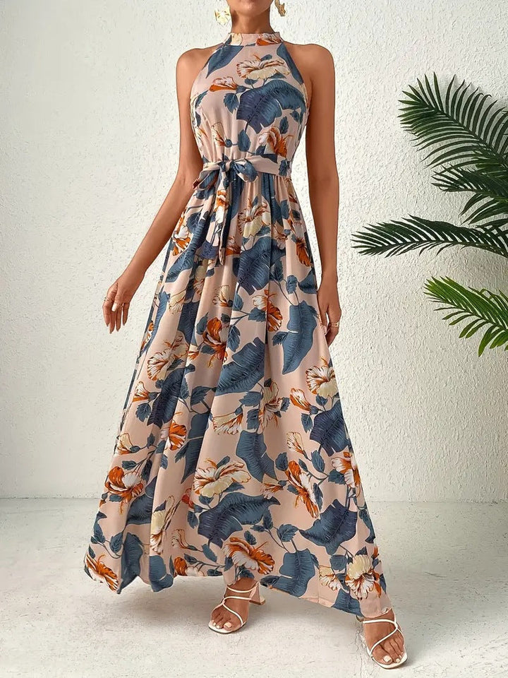 Damen Maxikleid Im Boho-Stil mit Hohem Kragen und Bindegürtel Echoarchiv