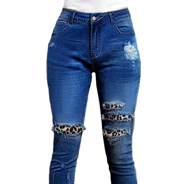Damen Stretch-Skinny-Jeans mit High-Waist, Knie-Ripped-Details und Leo-Unterlage Echo Archiv