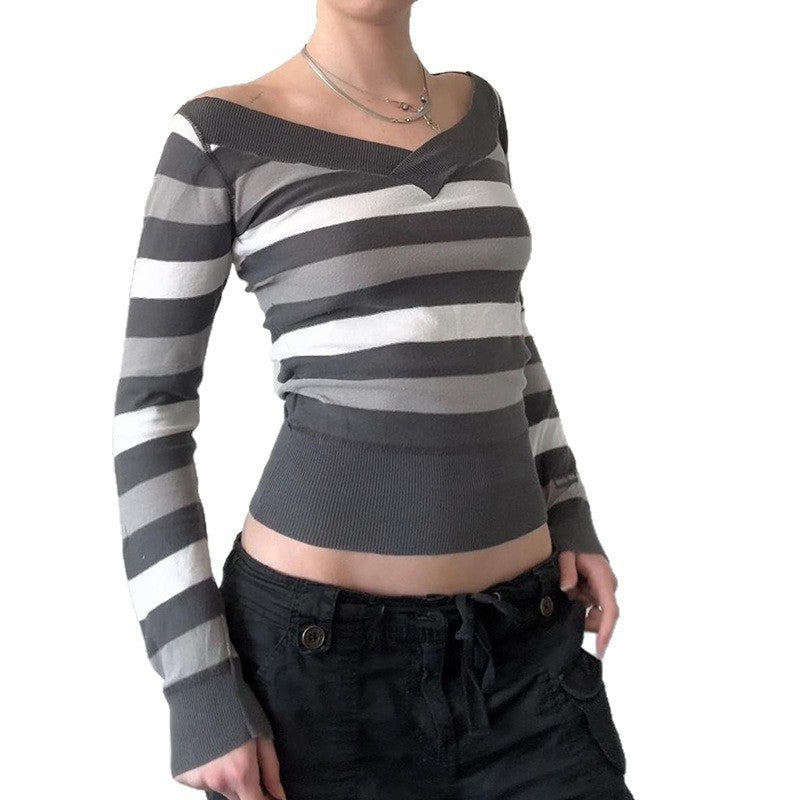 Damen Taillierter Feinstrick-Pullover mit breiten Blockstreifen und V-Ausschnitt Echo Archiv