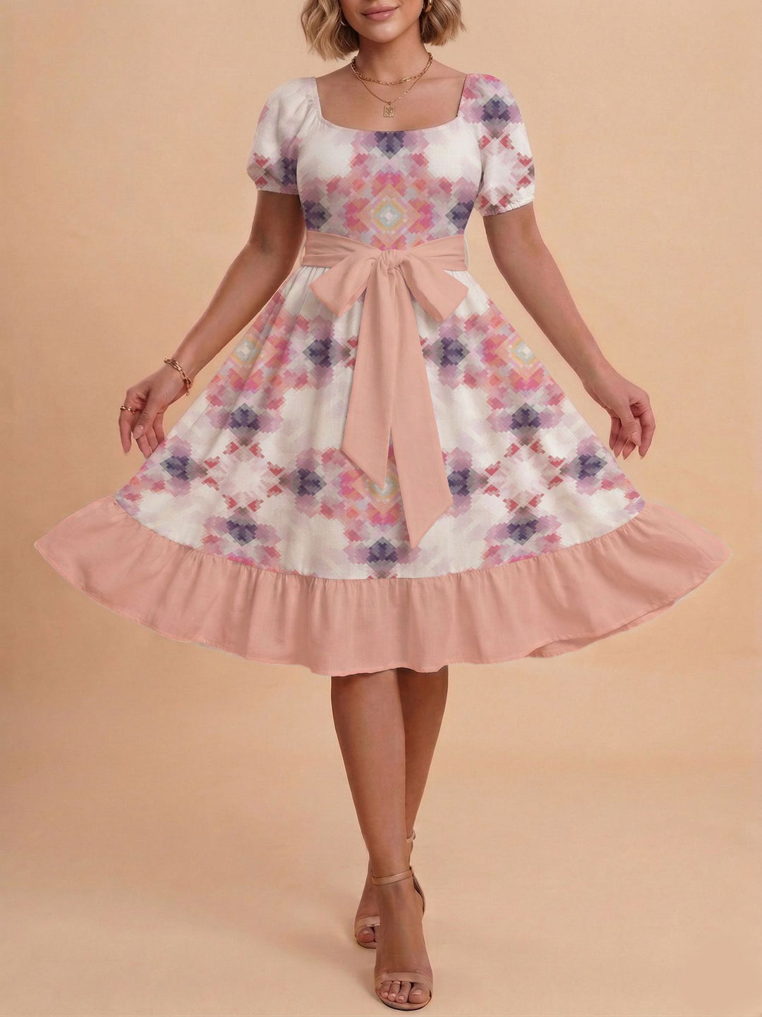 Damen Midikleid mit verspieltem Druck und tailliertem Schnitt Echo Archiv