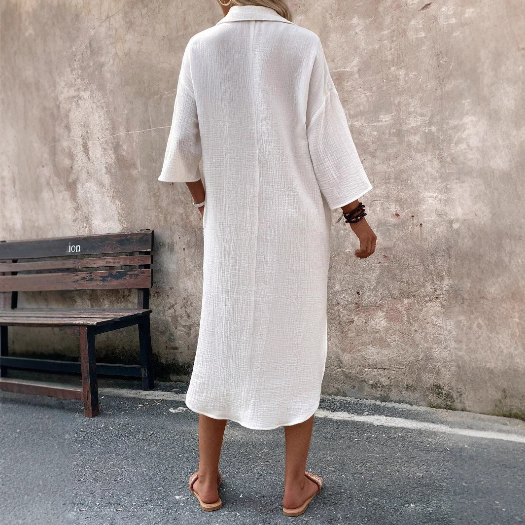 Damen Midi-Hemdblusenkleid aus Baumwoll-Musselin mit 3/4-Ärmeln & aufgesetzten Taschen – Avérine