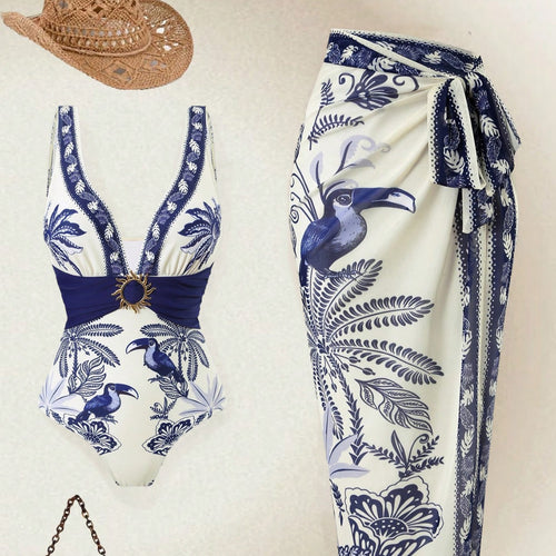 Damen Einteiliger Badeanzug mit floralem Design und elegantem Wickelrock Echo Archiv