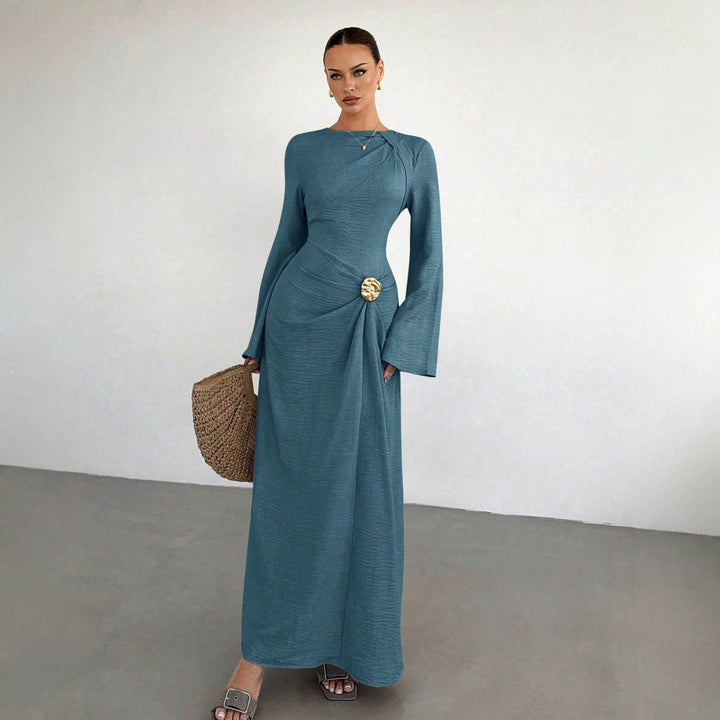 Damen Maxikleid mit Drapierter Taille, langen Glockenärmeln und Zierbrosche Echo Archiv