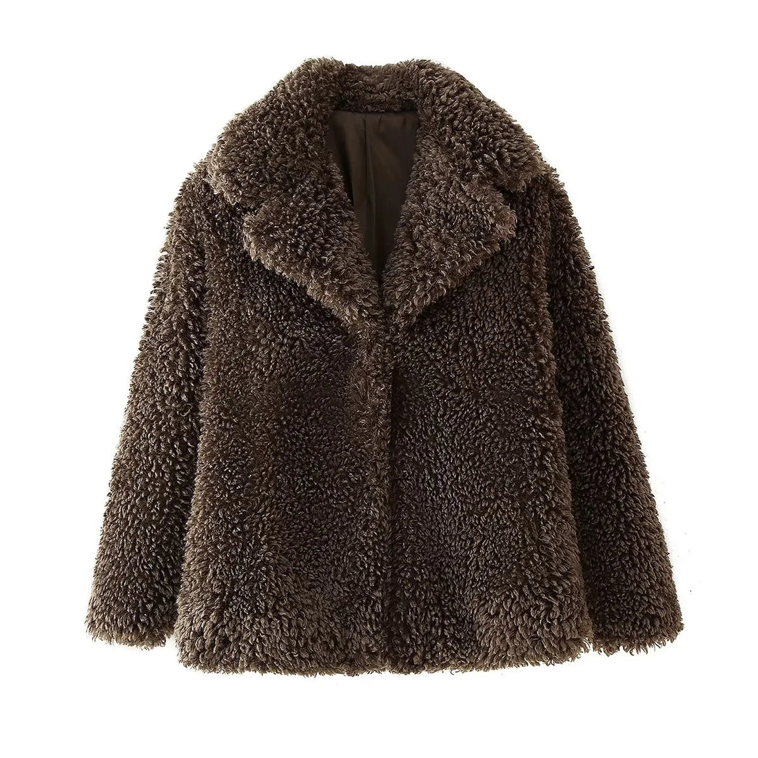 Damen Teddyfell-Manteljacke mit großem Schalkragen, wärmender Wattierung und verdeckter Verschluss – Célinea