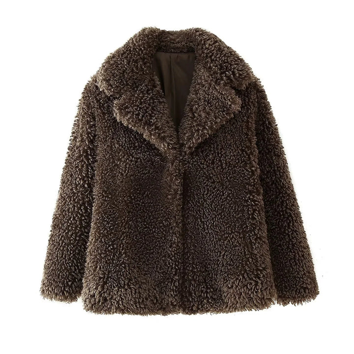 Damen Teddyfell-Manteljacke mit großem Schalkragen, wärmender Wattierung und verdeckter Verschluss – Célinea