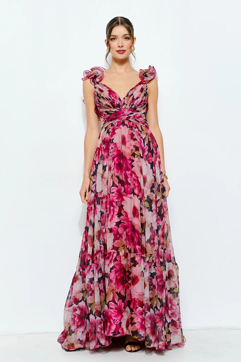 Damen Maxikleid mit luftigen Rüschendetails und ausgefallenem Wickeldesign Echoarchiv