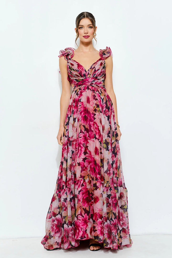 Damen Maxikleid mit luftigen Rüschendetails und ausgefallenem Wickeldesign Echoarchiv