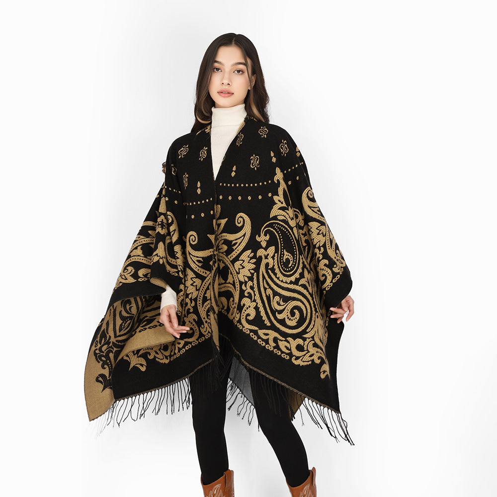 Damen Opulenter Jacquard‑Poncho im Kaftan‑Stil mit Fransen und Paisley‑Relief Echo Archiv