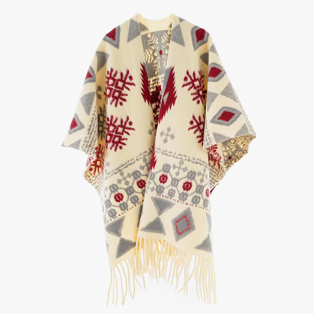 Damen Jacquard Überwurfcape aus feinem Strick mit Paisley-Bordüre Echo Archiv