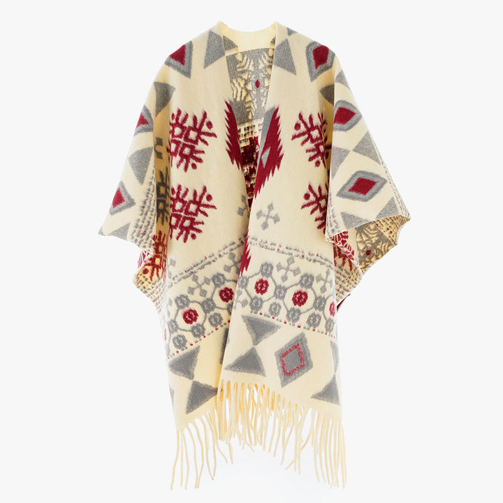 Damen Jacquard Überwurfcape aus feinem Strick mit Paisley-Bordüre Echo Archiv