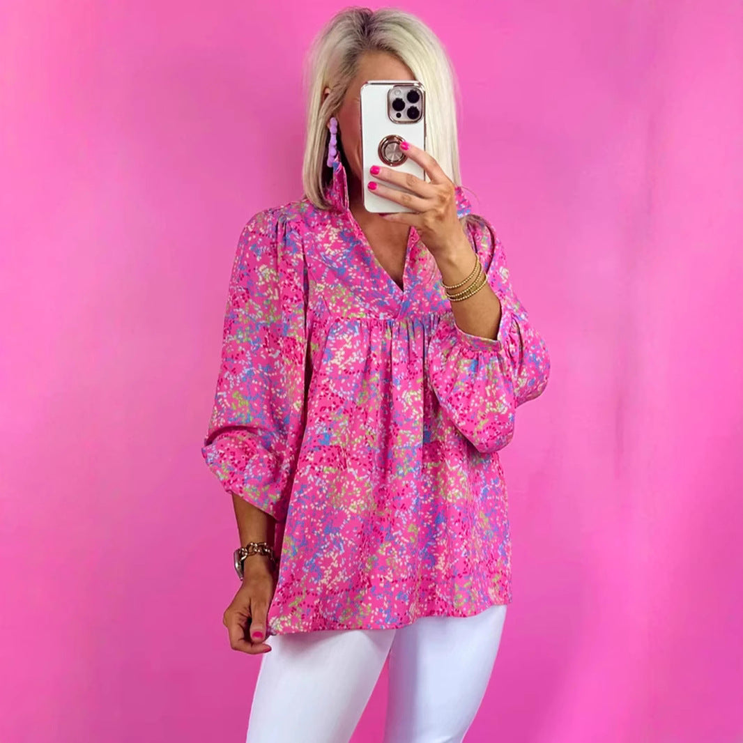 Damen Locker geschnittene Blumenbluse mit V-Ausschnitt und geraffter Passe – Avérine