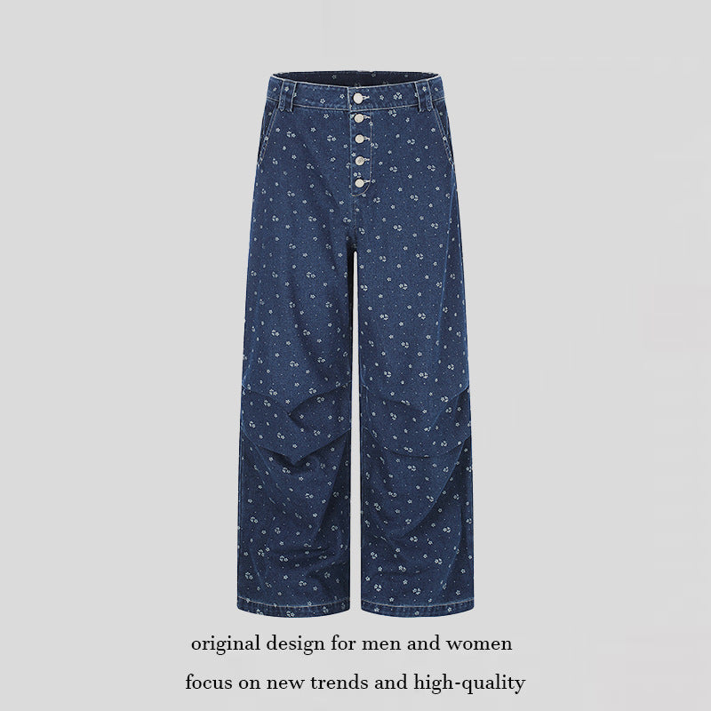 Damen High‑Waist Culotte-Jeans im Palazzoschnitt mit sichtbarer Knopfleiste und feinem Blumenprint Echoarchiv