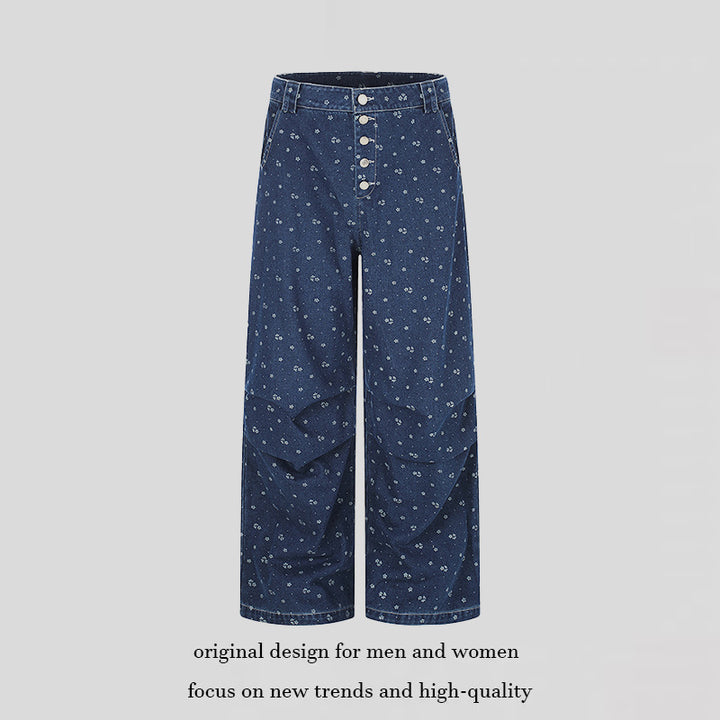 Damen High‑Waist Culotte-Jeans im Palazzoschnitt mit sichtbarer Knopfleiste und feinem Blumenprint Echoarchiv