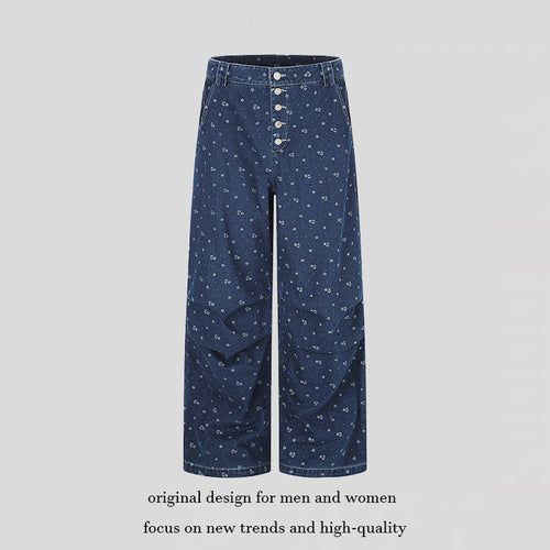 Damen High‑Waist Culotte-Jeans im Palazzoschnitt mit sichtbarer Knopfleiste und feinem Blumenprint Echoarchiv