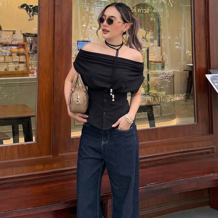 Damen Off-Shoulder Blusenshirt mit dekorativem Kordelzug Echo Archiv